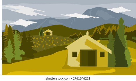 View of mountain and pine forest landscapes with white clouds and and house and roads - Vector