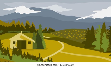 View of mountain and pine forest landscapes with white clouds and and house and roads - Vector