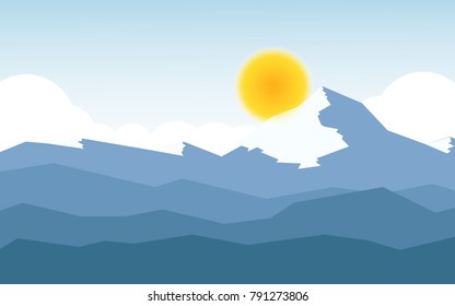 View of mountain range with some snow on the high top of the mountain in sunny winter day with the sun is rising behind every the mountain range
