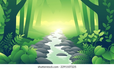 Aussicht auf einen Bergfluss in einem hellgrünen Wald. Horizontale schöne Frühlingshöhe.