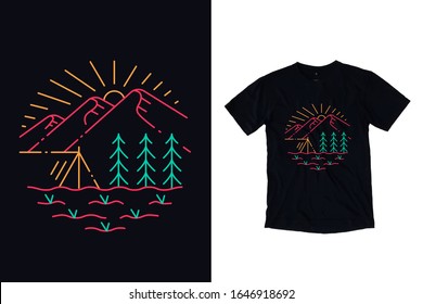 A view of mountain with trees and camping ground illustration for t shirt design
