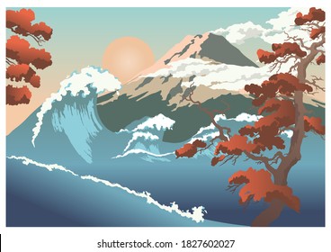 Vista de la montaña con olas y árboles. Ilustración de dibujos animados planos del vector de color.