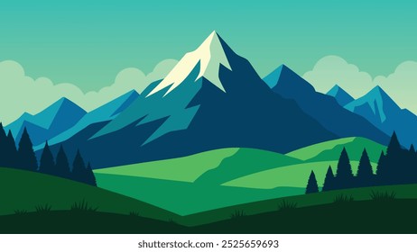 View of mountains adorned with a mix of rocks and lush green grass, showcasing nature's rugged beauty flat vector illustration