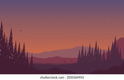 A view of the mountains with an aesthetic silhouette of pine trees at dusk from the countryside. Vector illustration of a city