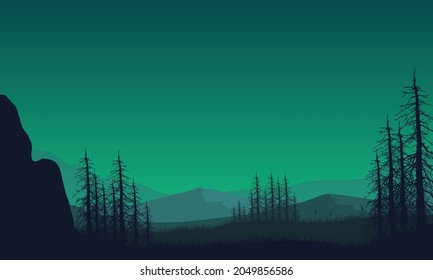 A view of the mountains with an aesthetic silhouette of pine trees at night from the countryside. Vector illustration of a city