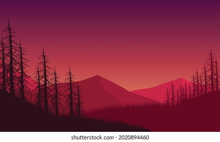 A view of the mountains with aesthetic silhouettes of dry trees at dusk from the countryside. Vector illustration of a city