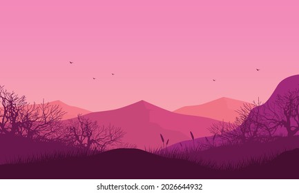 A view of the mountains with aesthetic silhouettes of dry tree branches from the countryside at sunset. Vector illustration of a city