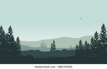 Vistas a las montañas con una silueta de pino muy agradable por la mañana desde el campo. Ilustración vectorial de una ciudad