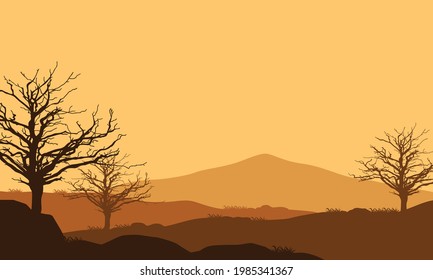 A view of the mountains with an aesthetically pleasing silhouette of dry trees in the evening from the outskirts of the city. Vector illustration of a city