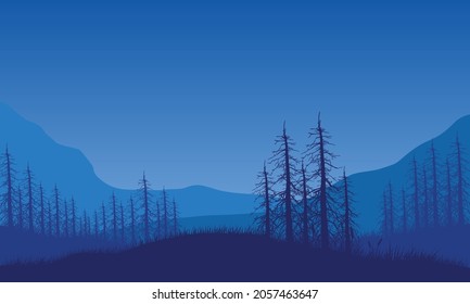 A view of the mountains with an aesthetically pleasing silhouette of pine trees from the village at night. Vector illustration of a city