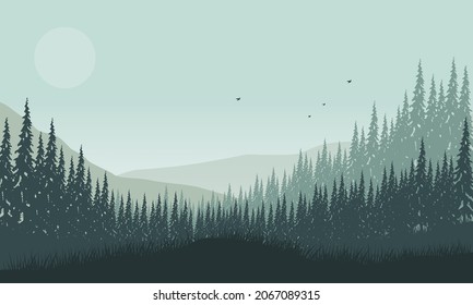 Blick auf die Berge mit einer ästhetisch ansprechenden Silhouette von Pinien aus dem Dorf bei Sonnenaufgang. Vektorgrafik einer Stadt
