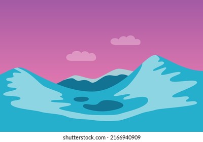 View of Mountains, blue hills, lakes, snow covered high peaks and pink sky. Vector illustration background.