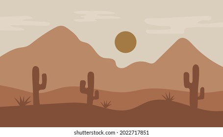 View of mountains and desert. Flat design, Hand drawn. Vector illustration