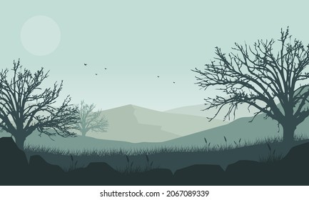 The view of the mountains with dry tree silhouettes is truly extraordinary from the edge of the city on a foggy morning. Vector illustration of a city