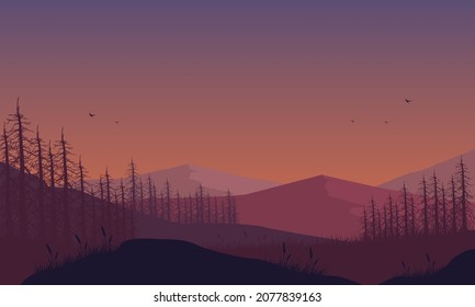 The view of the mountains from the edge of the city is so beautiful at dusk in the afternoon. Vector illustration of a city