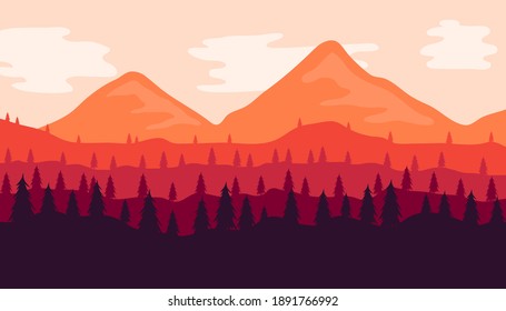 View of mountains and forest in the afternoon. Flat design vector