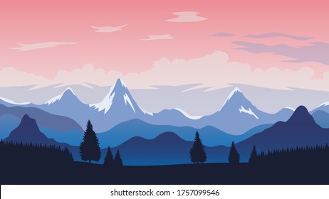 View of Mountains, forest and trees, blue hills, snow covered high peaks and cloudy sky. 3840x2160 vector illustration background.