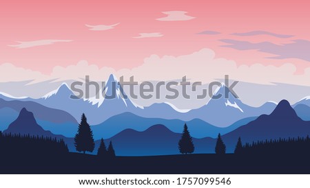 View of Mountains, forest and trees, blue hills, snow covered high peaks and cloudy sky. 3840x2160 vector illustration background.