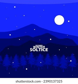 View of mountains with moon and trees at night snowing, with bold text to celebrate Winter Solstice on December