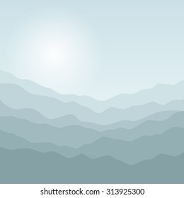 View of the Mountains  in the Morning or  at Sunrise, Mountain Ranges in Shades of Green,  Waves Landscape,  Vector Illustration