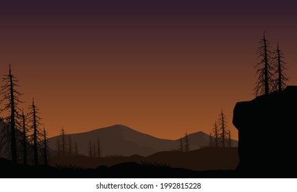 The view of the mountains from the outskirts of the city at dusk is incredible with the silhouettes of dry trees around it. Vector illustration of a city