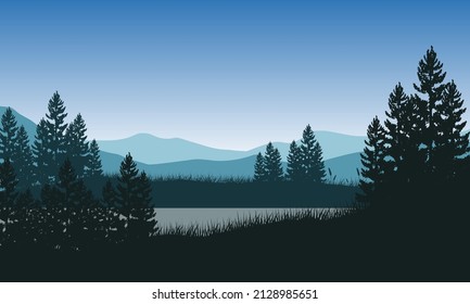 View of mountains and river with an aesthetic silhouette of pine trees from the village in the morning