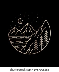 view of the mountains and sea the starry night in mono line art, patch badge design, emblem design, T-Shirt Design