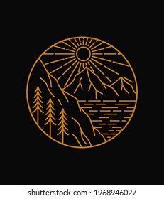 view of the mountains and sea when the sun is clear in mono line art, patch badge design, emblem design, T-Shirt Design