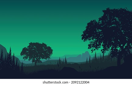 Las vistas a las montañas con la silueta de los árboles son bonitas por la noche desde el suburbio. Ilustración vectorial de una ciudad