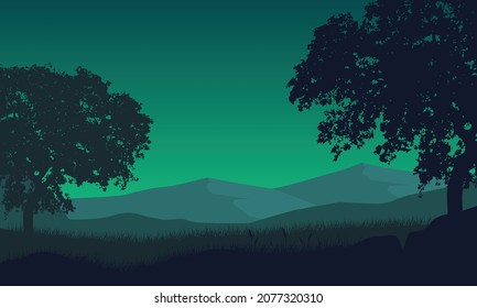 The view of the mountains with the silhouettes of large trees is stunning at night from the village. Vector illustration of a city