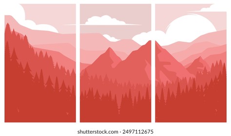 view of mountains and spring forest with sunset background poster illustration design, set of panoramic poster design 