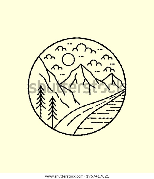 view of the mountains and\
street in mono line art, patch badge design, emblem design, T-Shirt\
Design