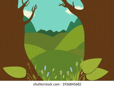 View of mountains and valley. Old oaks.Book cover. Vector illustration.View of spring summer beautiful nature, green grasslands meadow with flowers, forest. Will nature. 