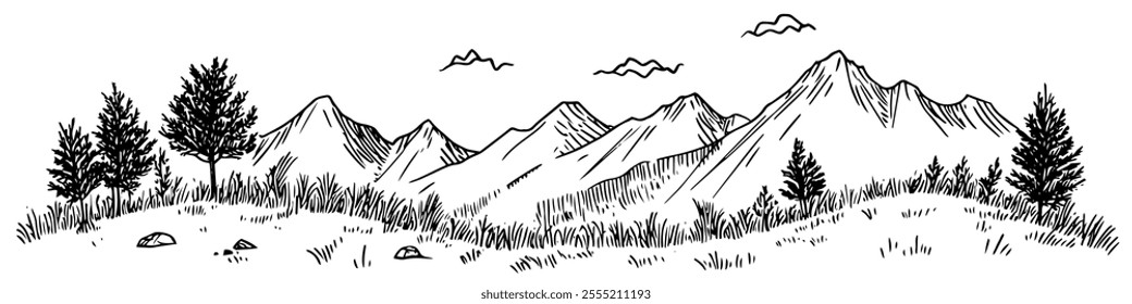 view of the mountains from Zakopane, doodle hatching vector sketch, panoramic view