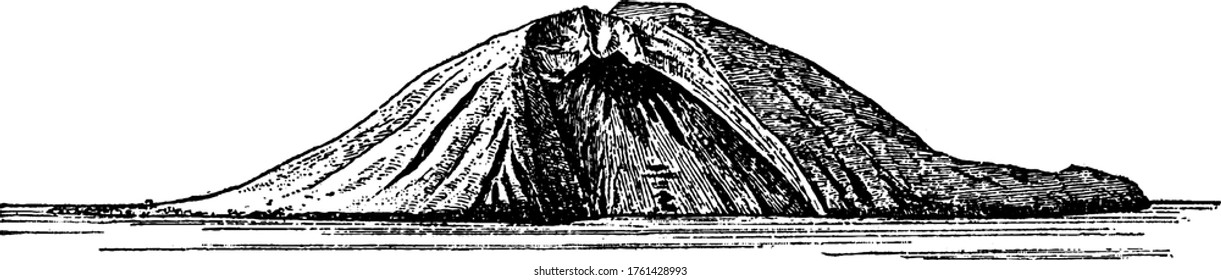 Blick auf den Stromboli im Nordwesten, Vintage-Linienzeichnung oder Gravierungsgrafik.