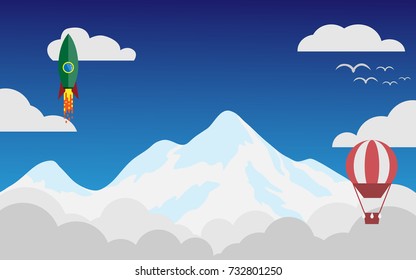 View of natural ice mountain above the cloud level with blue sky in the background  with rocket is soaring up in to the deep blue sky (space) and red- white hot air balloon also with group of bird 