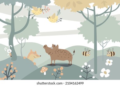 View of the natural landscape inside the forest, with cute animals.