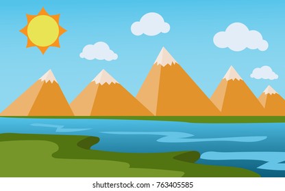 View of natural landscape in summer sunshine time, view of mountain range with snow on the top hat Andy lake in foreground with sun and cloud