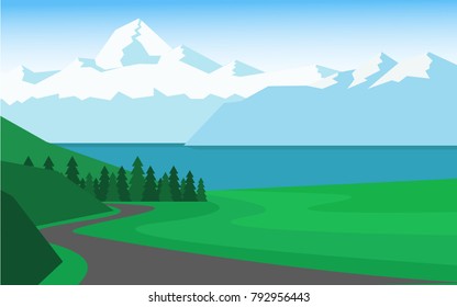 View of natural north cold landscape with countryside green field, mountain range with snow on the top, pine tree forest, clear water lake, and upcountry road in cold color winter style for wallpaper