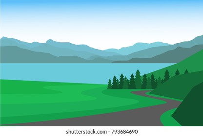 View of natural north cold landscape with countryside green field, mountain range, pine tree forest, clear water lake, and upcountry road in cold color winter style for wallpaper