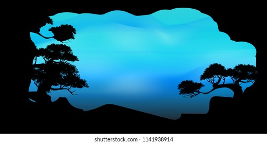 View of natural scenery, Beautiful Sky background, vector of realistic landscape for web. Black silhouette of trees and natural rocks on a colorful background. Illustration.