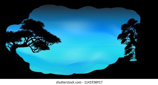 View of natural scenery, Beautiful Sky background, vector of realistic landscape for web. Black silhouette of trees and natural rocks on a colorful background. Illustration.