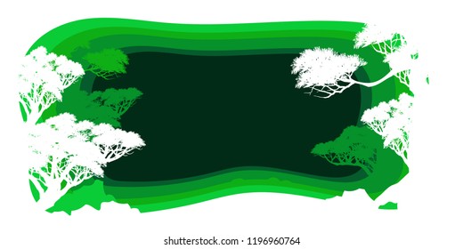 View of natural scenery, Beautiful Sky background, vector of realistic landscape for web. Black silhouette of trees and natural rocks on a colorful background. Illustration. paper art style.