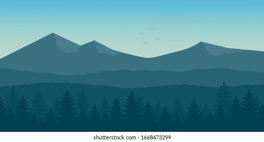 View nature backdrop. Mountain and forest with sky. Vector landscape.