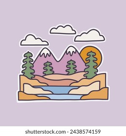 The view of the nature mountain and forest flat design for badge sticker graphic illustration vector art t-shirt design