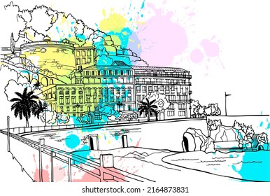 View of the Nice, Provence, France. Hand drawn sketch. Urban sketch. Line art. Ink drawing. Black and white vector illustration. Blobs Background. Postcards style. Without people.

