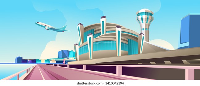 View of the night airport building, illuminated by neon lights, Passenger aircraft against the starry sky, futuristic proud landscape, transport hub, Vector illustration