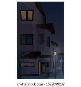 view of the night city. House. light in the window.