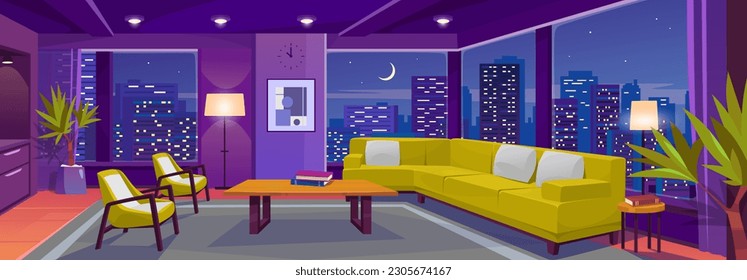 View of a night city with skyscrapers from a luxury apartment with panoramic windows. Modern living room interior with cozy furniture and neon blue light on a high floor. Cartoon vector illustration.