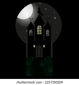 A view of the night landscape with a medieval castle with glowing windows, a rooster weather vane, a starry sky and the moon through a keyhole.